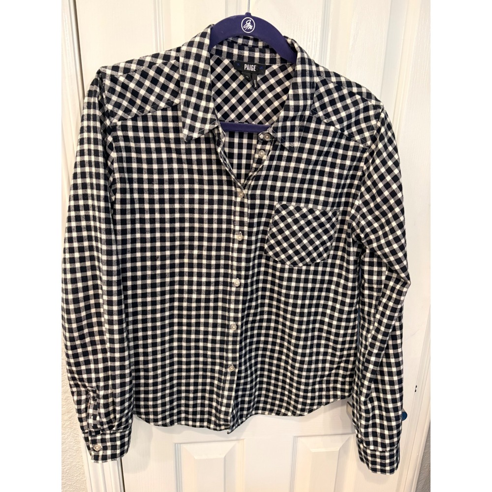 Paige Button Down Shirt Black White Gingham Cotton Plaid Long Sleeve Blouse M